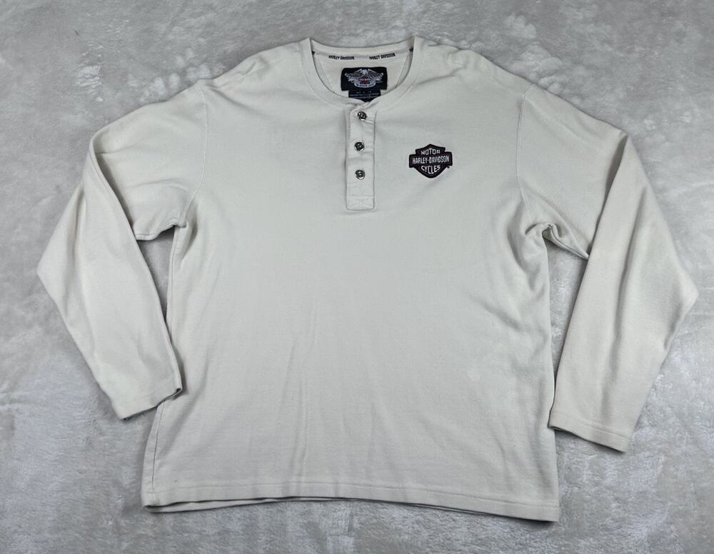 Harley Davidson Shirt Men’s Sz L Cream Waffle Knit Henley Long Sleeve Biker Ride